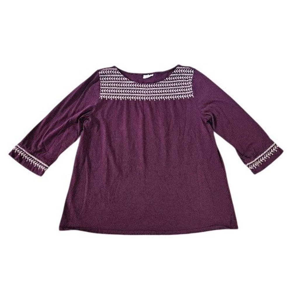 J. Jill Embroidered Top Women Large Plum Purple Cotton 3/4 Sleeve Boho Blouse